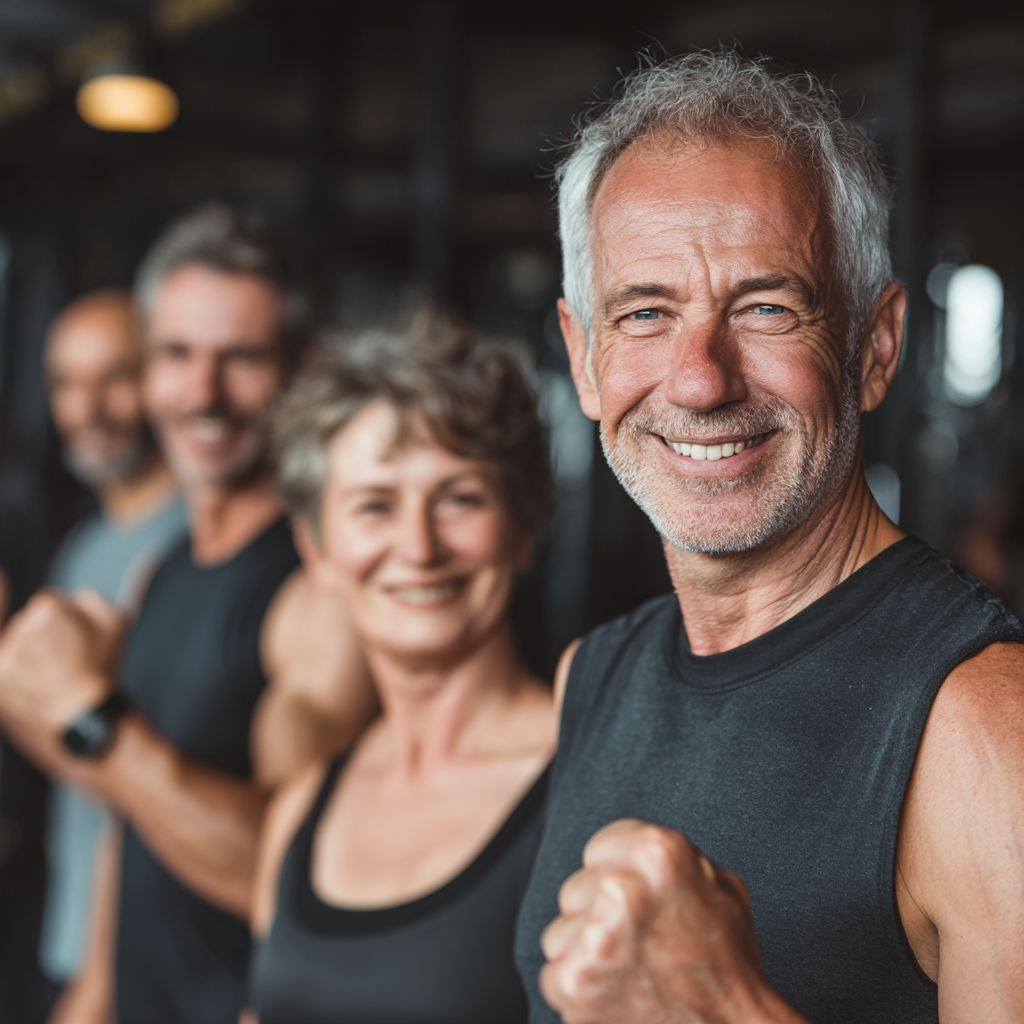 Mature adults celebrating fitness achievements in professional training environment