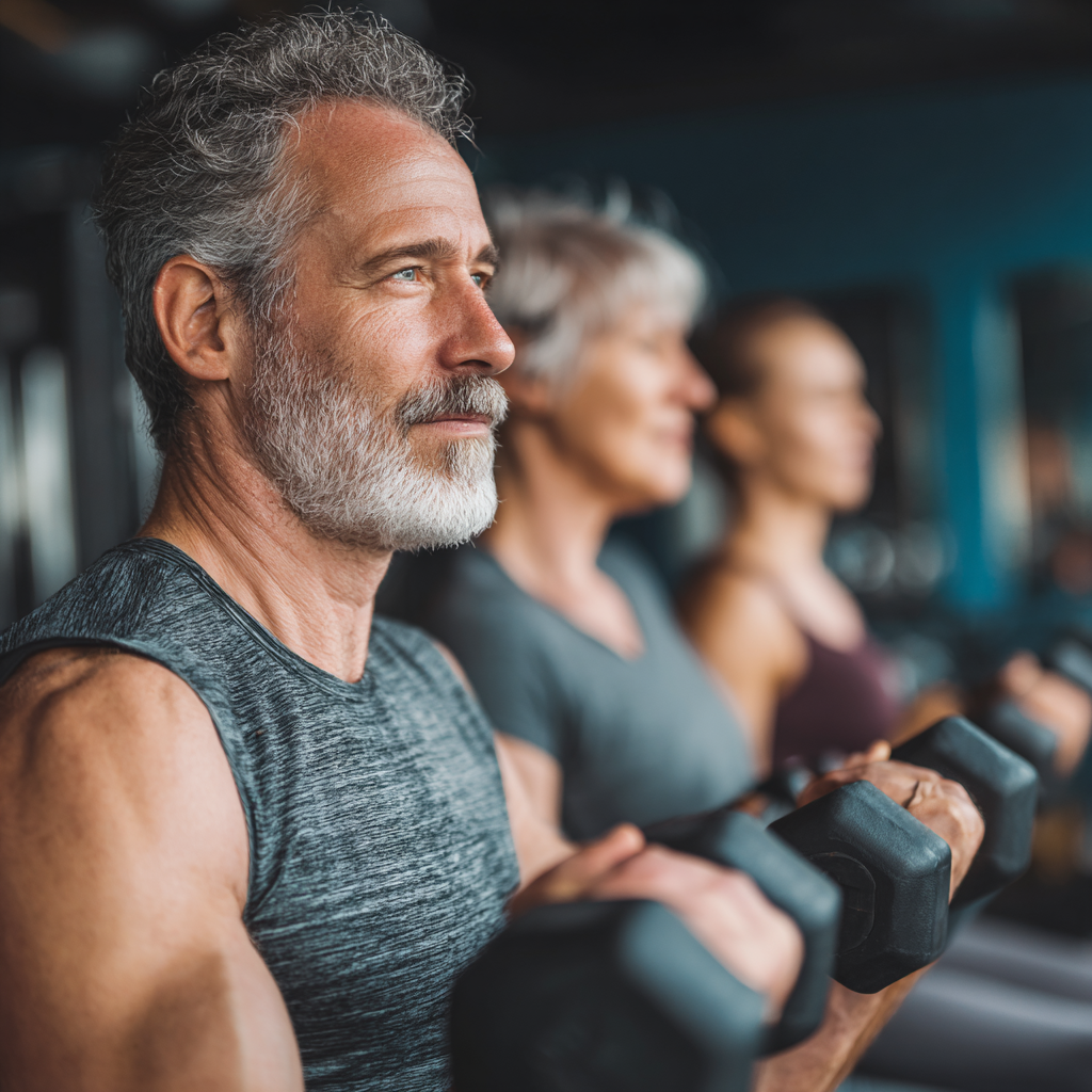 Middle-aged adults engaged in strength training session at modern fitness facility